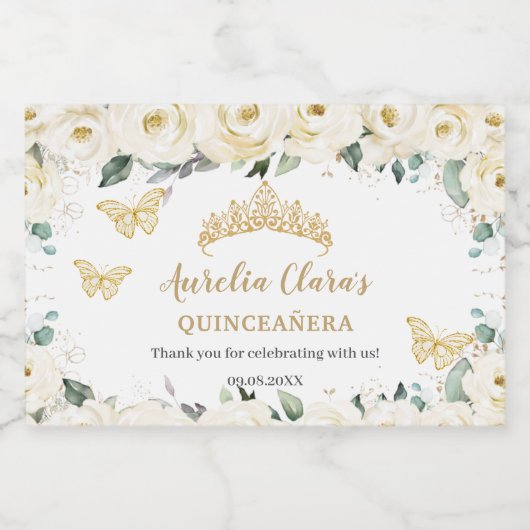 Ivoor Witte Bloem Vlinder Quinceañera Verjaardag Sparkling Wijnetiket (Enkel label)