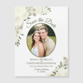 Ivoor witte bloemachtige 'Save the Date' ovale fot (Voorkant)