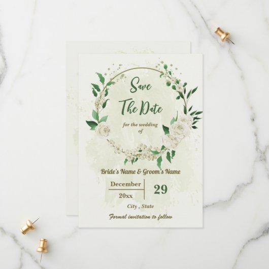 Ivoor witte bloemen botanische bruiloft save the date (Voorkant / Achterkant in situ)