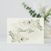 Ivoor witte bloemen groen bruiloft bedankkaart (Staand voorkant)
