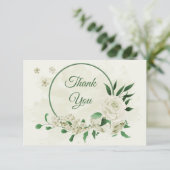 Ivoor witte bloemen groen bruiloft bedankkaart (Staand voorkant)