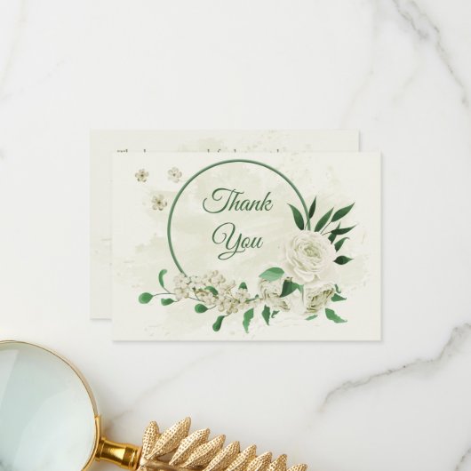Ivoor witte bloemen groen bruiloft bedankkaart (Voorkant / Achterkant in situ)