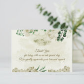 Ivoor witte bloemen groen bruiloft bedankkaart (Staand voorkant)