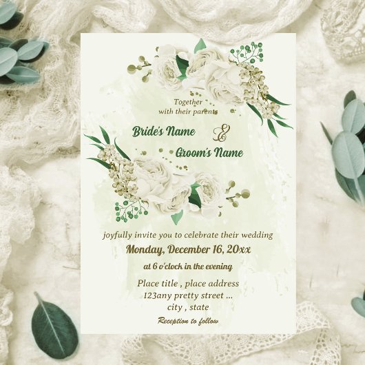Ivoor witte bloemen groen bruiloft kaart