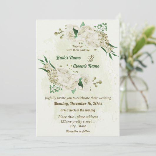 Ivoor witte bloemen groen bruiloft kaart (Staand voorkant)