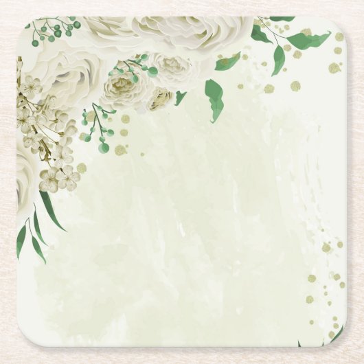 Ivoor witte bloemen groen bruiloft kartonnen onderzetters (Voorkant)