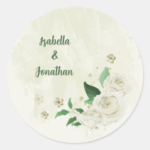 Ivoor witte bloemen groen bruiloft ronde sticker