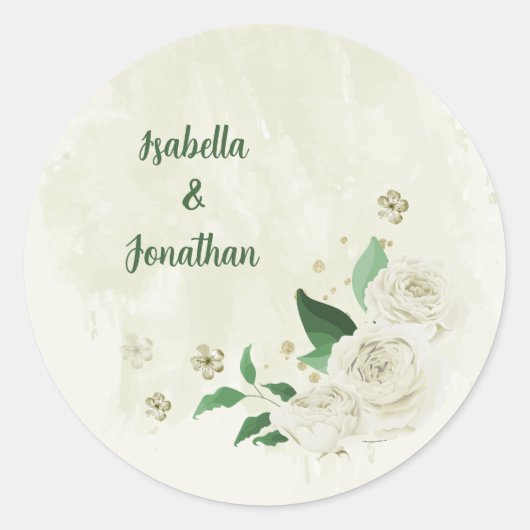 Ivoor witte bloemen groen bruiloft ronde sticker (Voorkant)