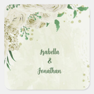 Ivoor witte bloemen groen bruiloft vierkante sticker