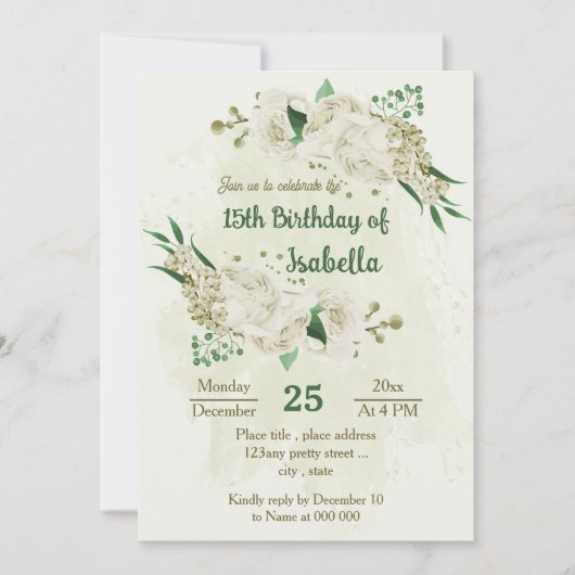 Ivoor witte bloemen groen verjaardag kaart (Voorkant)