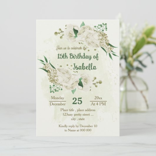 Ivoor witte bloemen groen verjaardag kaart (Staand voorkant)