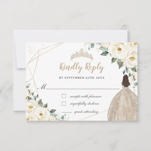 Ivoor witte bloemenkwintet Quinceañera Champagnedr RSVP Kaartje (Voorkant)