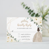 Ivoor witte bloemenkwintet Quinceañera Champagnedr RSVP Kaartje (Staand voorkant)