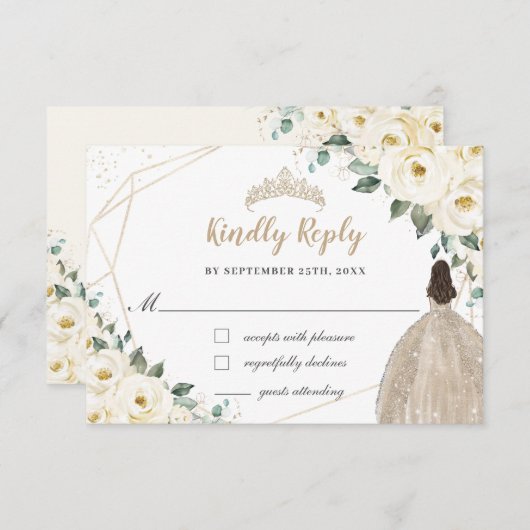 Ivoor witte bloemenkwintet Quinceañera Champagnedr RSVP Kaartje (Voorkant / Achterkant)