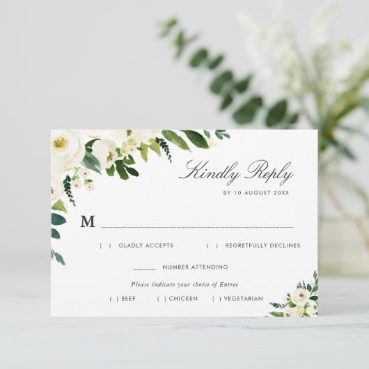 Ivoor witte bloemenmaaltijd keuze RSVP-kaart RSVP Kaartje (Staand voorkant)