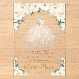 Ivoor witte bloemige champagne jurk Quinceañera Acryl Uitnodigingen