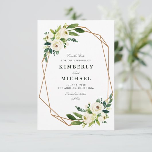 Ivoor witte bloemige geometrische save-the-date ka save the date (Staand voorkant)