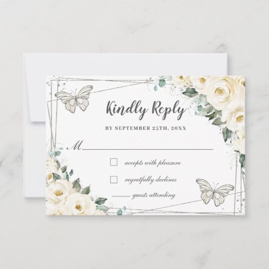 Ivoor Witte Bloemige Zilveren Quinceañera Vlinders RSVP Kaartje (Voorkant)