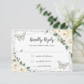 Ivoor Witte Bloemige Zilveren Quinceañera Vlinders RSVP Kaartje (Staand voorkant)