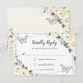 Ivoor Witte Bloemige Zilveren Quinceañera Vlinders RSVP Kaartje (Voorkant / Achterkant)
