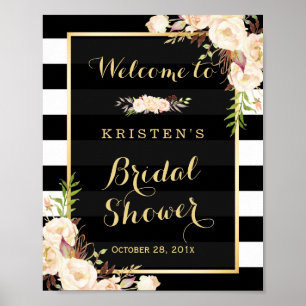 Ivoor Witte Bloemrijke Strepen Bruidsfeest Bord Poster