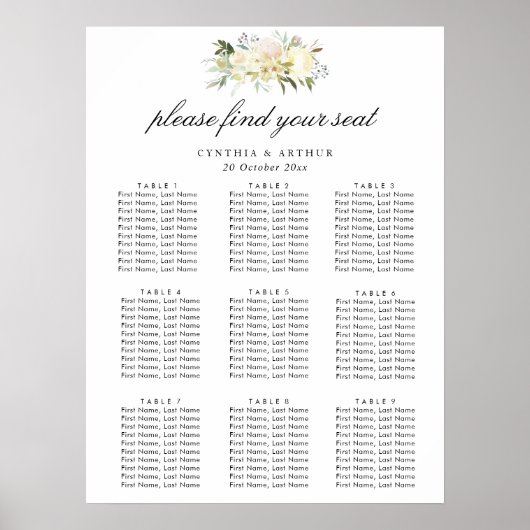 ivoor - witte florale trouwzittingskaart poster (Voorkant)