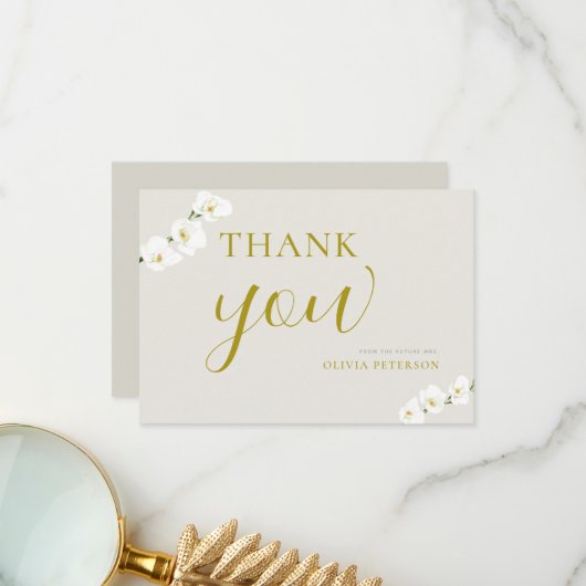 Ivoor witte orchideeën eenvoudige elegante bruilof bedankkaart (Voorkant / Achterkant in situ)