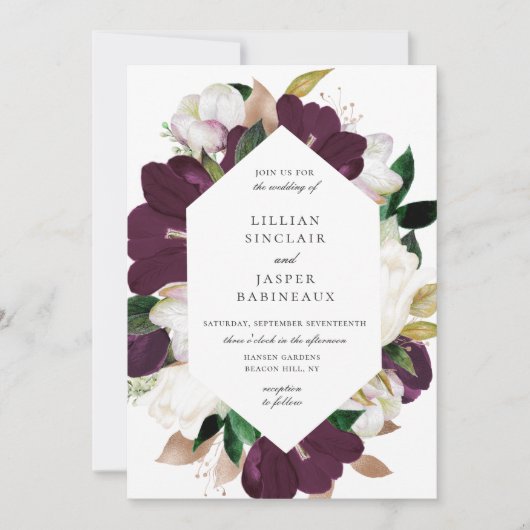 Ivoor Witte Pruim Paarse Bloemen Lijst Bruiloft Kaart (Voorkant)