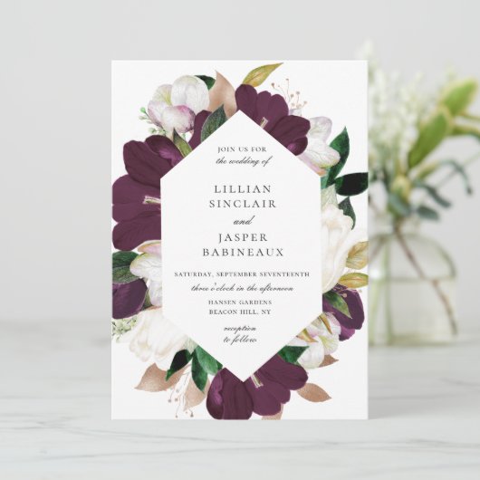 Ivoor Witte Pruim Paarse Bloemen Lijst Bruiloft Kaart (Staand voorkant)