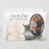 Ivoor Witte Roos met Ovale Foto Romantische Bruilo Save The Date (Voorkant)