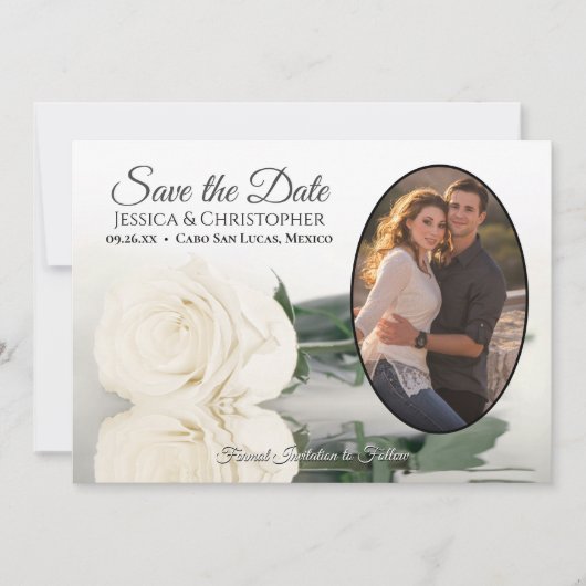 Ivoor Witte Roos met Ovale Foto Romantische Bruilo Save The Date (Voorkant)