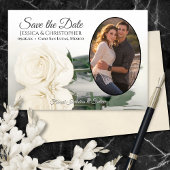 Ivoor Witte Roos met Ovale Foto Romantische Bruilo Save The Date