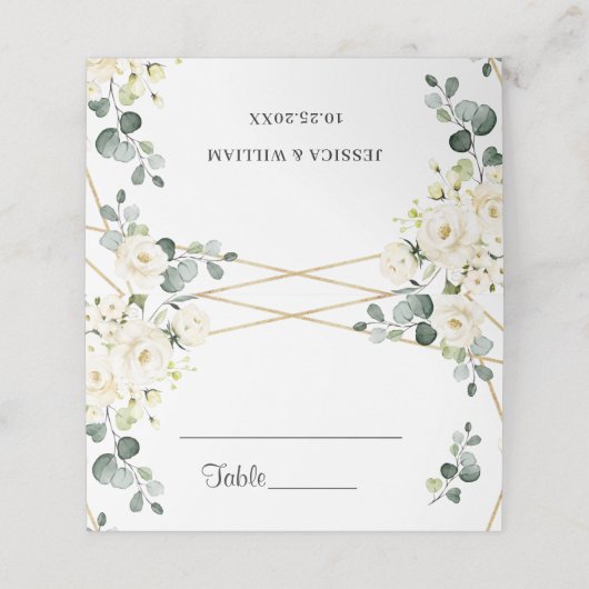 Ivoor Witte Rozen Bloemrijke Groene Huwelijks Tafe Plaatskaartje (Buitenkant ongevouwen)