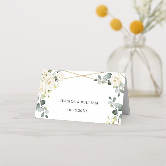 Ivoor Witte Rozen Bloemrijke Groene Huwelijks Tafe Plaatskaartje (Achterkant)