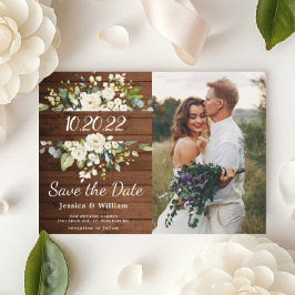 Ivoor Witte Rozen Groene Foto Save the Date Kaart