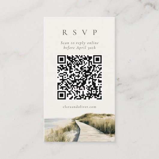 Ivoor Zand Oceaan Script Cape Cod QR Code RSVP Kaa Informatiekaartje (Voorkant)