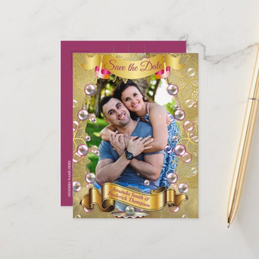 Ivoor Zijde, Gouden Kant & Parels en Marmer Aankondigingskaart (Voorkant / Achterkant in situ)