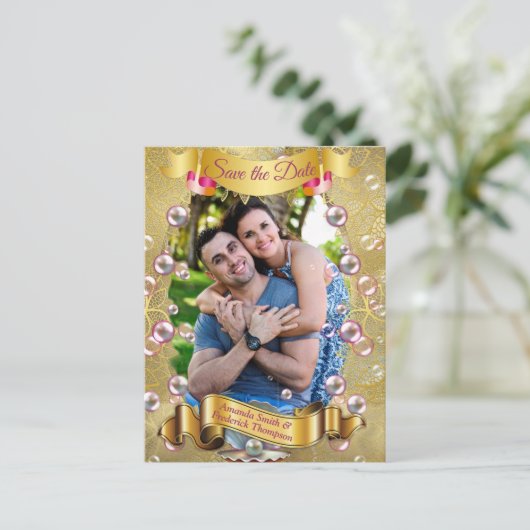 Ivoor Zijde, Gouden Kant & Parels en Marmer Aankondigingskaart (Staand voorkant)