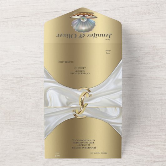 Ivoor Zijde, Gouden Kant & Parels en Marmer All In One Uitnodiging (Buitenkant)