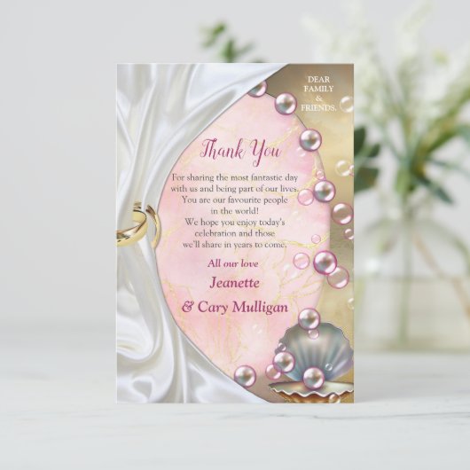 Ivoor Zijde, Gouden Kant & Parels en Marmer Bedankkaart (Staand voorkant)