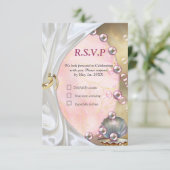 Ivoor Zijde, Gouden Kant & Parels en Marmer RSVP Kaartje (Staand voorkant)