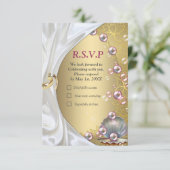 Ivoor Zijde, Gouden Kant & Parels en Marmer RSVP Kaartje (Staand voorkant)
