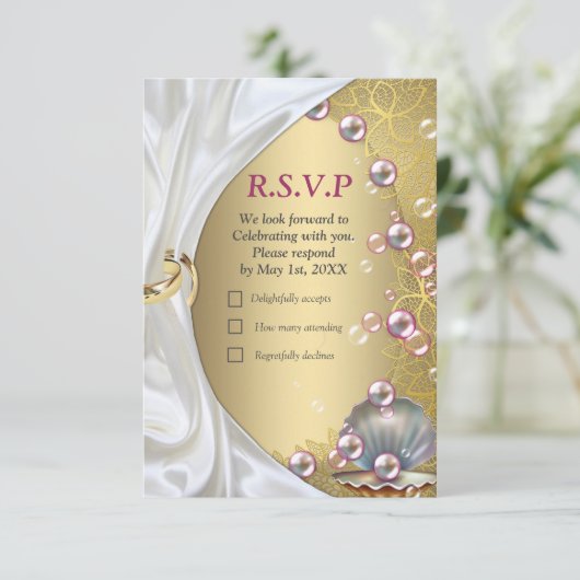 Ivoor Zijde, Gouden Kant & Parels en Marmer RSVP Kaartje (Staand voorkant)