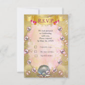 Ivoor Zijde, Gouden Kant & Parels en Marmer RSVP Kaartje (Voorkant)