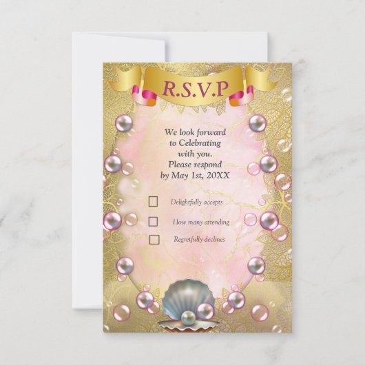 Ivoor Zijde, Gouden Kant & Parels en Marmer RSVP Kaartje (Voorkant)