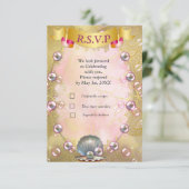 Ivoor Zijde, Gouden Kant & Parels en Marmer RSVP Kaartje (Staand voorkant)