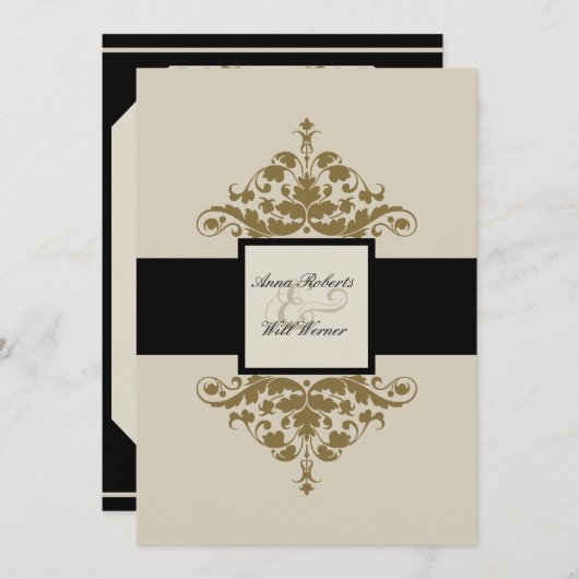 Ivoor Zwart en Goud Damask Bruiloft uitnodiging (Voorkant / Achterkant)