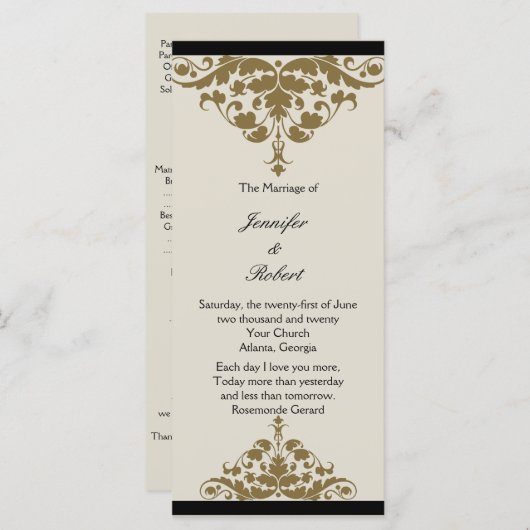 Ivoor Zwart en Goud Damask Trouwprogramma Programmakaart (Voorkant / Achterkant)