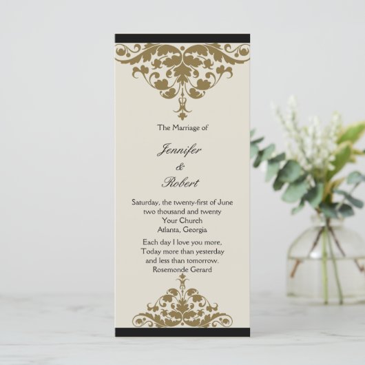 Ivoor Zwart en Goud Damask Trouwprogramma Programmakaart (Staand voorkant)
