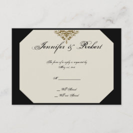 Ivoor Zwart en Goud Damask Wedding Response Kaart